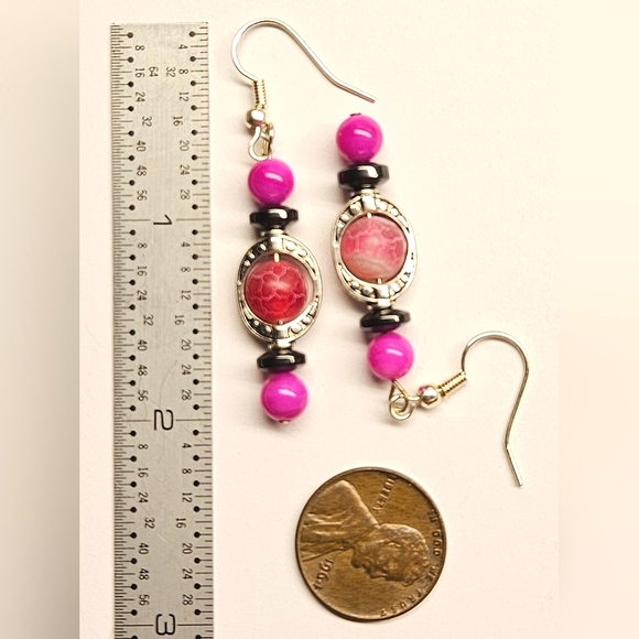 Pink and Silver Beaded Earrings - Picture 3 of 3
